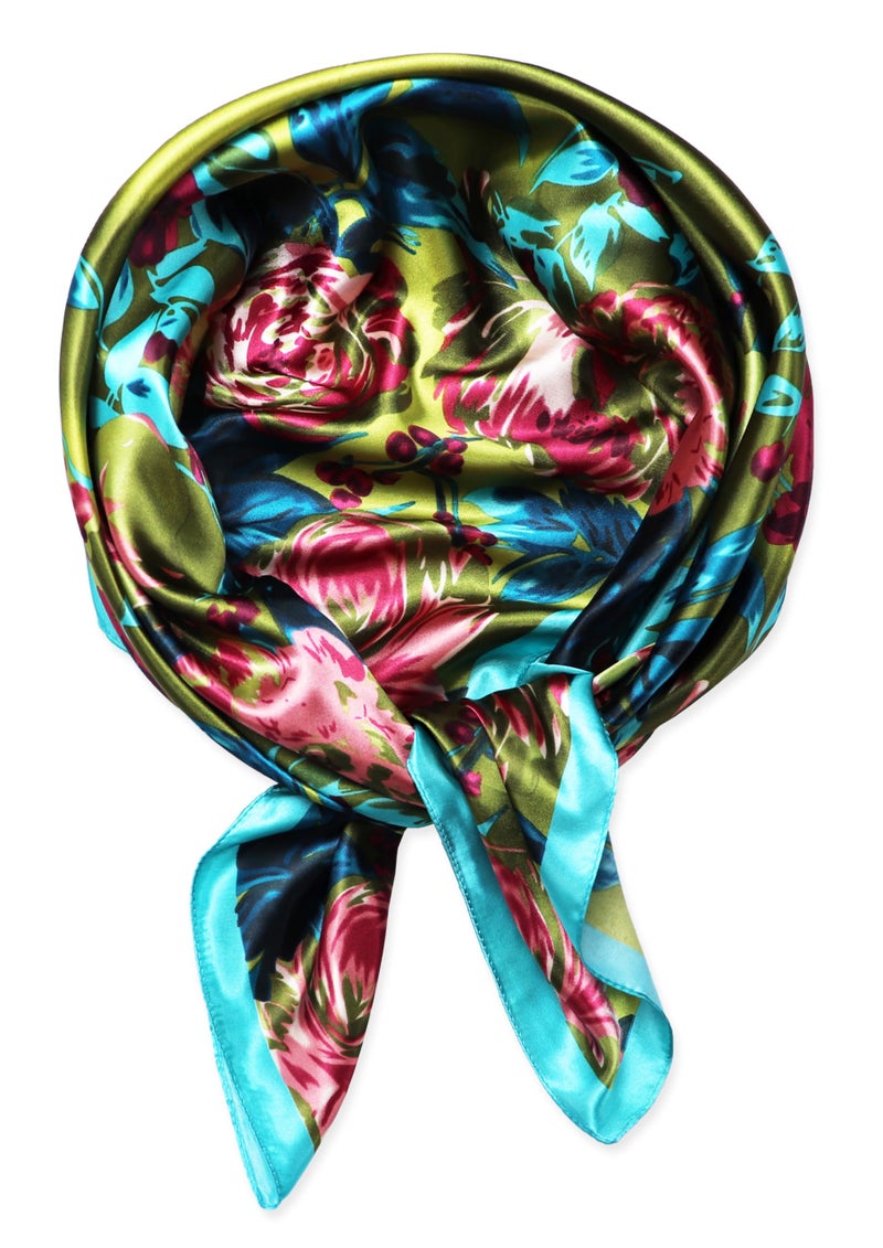 vabovin Women's 35" Satin Square Silk Like Hair Scarves and Wraps Headscarf for Sleeping (Green Pink Rose Flowers) - Image 2